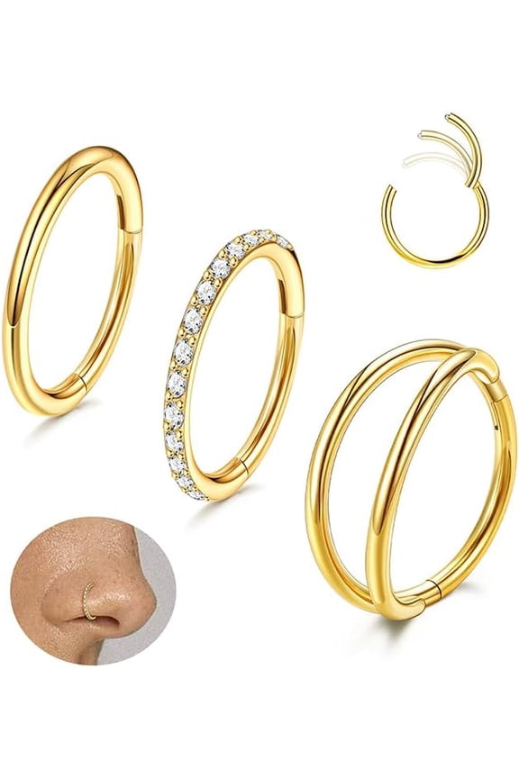3 pcs Nose Rings Hoops - Nose Hoops 16G CZ Clicker Septum Nose Ring Lip Helix Cartilage Hoop Earring Daith Rook Conch Body Piercing Jewelry for Women Men 6MM 8MM 10MM 12MM