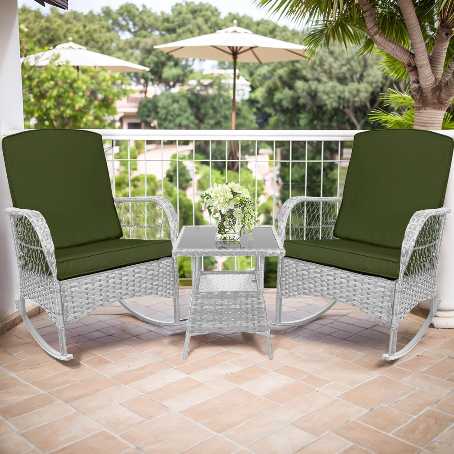 3 pcs Rocking Bistro Set Conversation Chairs PE Wicker Outdoor Rocking ...