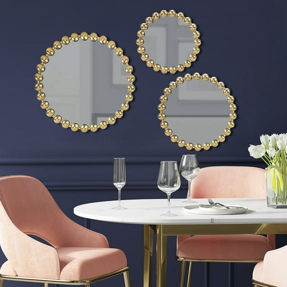 3 pcs Round Hanging Beaded Mirror Set, Luxury Home Accent Mirror with Metal Frame and Large Bead Detail, Marlowe Spherical Vanity Mirror for Home Decoration, Entryway, Bedroom, Bathroom, Gold