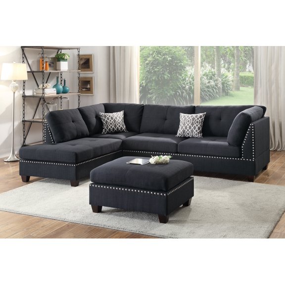 3-pcs Sectional Sofa Black Polyfiber Cushion Sofa Chaise Ottoman Reversible Couch Pillows