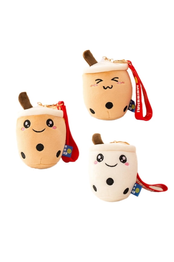 3-piece Boba Keychain Set, Brown Plush Fabric Kawaii Bag Charm, Metal Keyring Gift for Teens