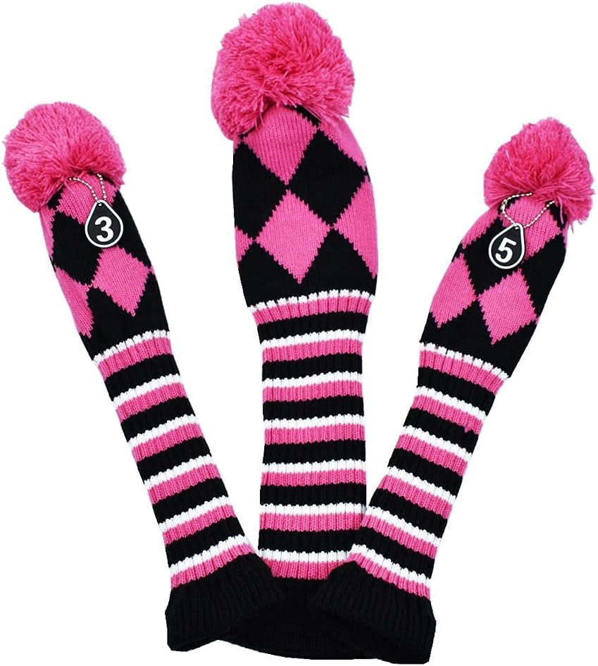 3x Gestrickte Golfschlägerhauben Rosa – Für Driver & Fairwayhölzer, Mit Pompons Und Drehbaren Nummernschildern