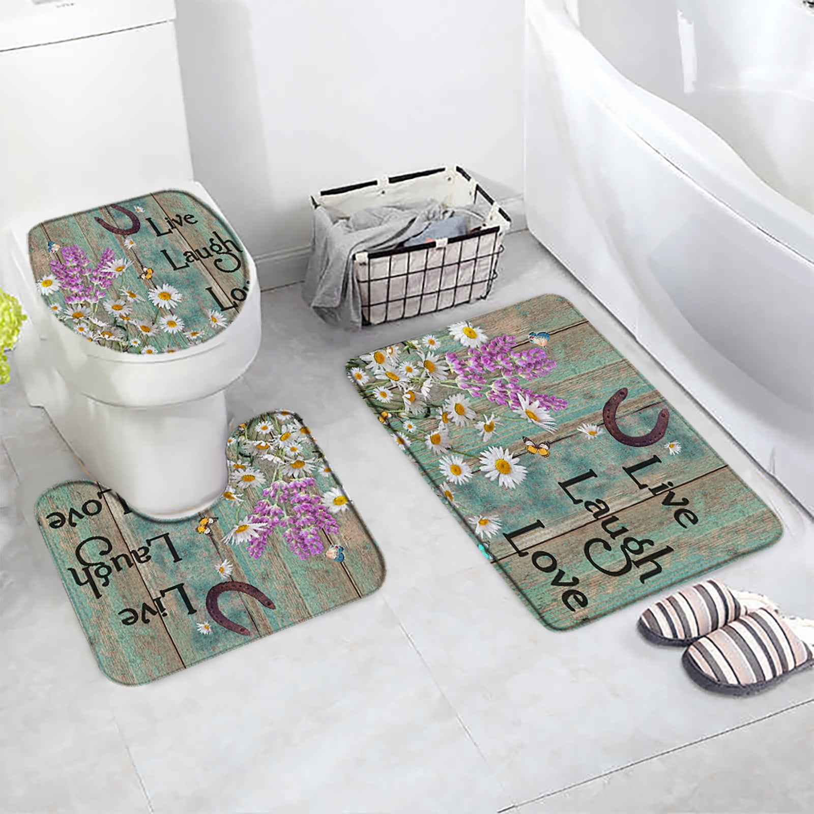 3 pcs Set Marble Bath Mat Sea Beach Teal Octopus Turtle Wood Grain Anti ...