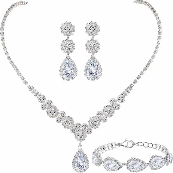 3 pcs Silver Rhinestone Crystal Wedding Bridal Bridesmaids Earrings Bracelet Set for Women Brides Bridesmaids Crystal Rhinestone Bracelet Earrings Set for Wedding Bridal Prom Pageant