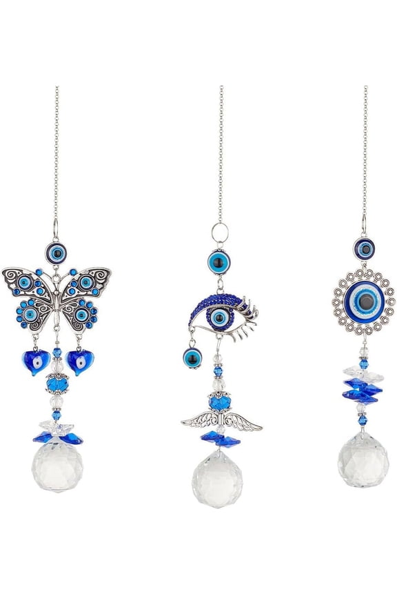 3 pcs Sun Catchers Multi- Style Crystal Glass Sun Catchers Blue Evil Eye Pendant Crystals Prisms Glass Pendant Suncatchers Beads for Garden Christmas Tree Decoration DIY