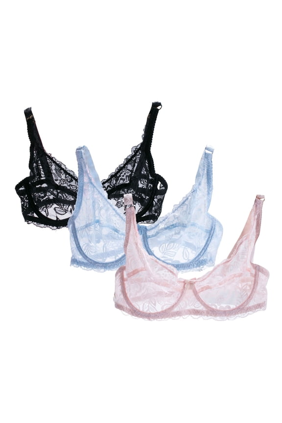 3 pcs Women's Lace Balconette Bra Underwire Non-Padded Soft Cup Comfort Everyday Bras Semi Sheer Lace Sexy Bralette