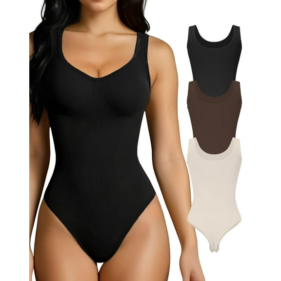 3 pcs Women's Ribbed Tummy Control Bodysuit - Seamless Sleeveless Shaping Camisole with Soft Stretch Fabric, Elegant Black for Casual Attire & Special Occasions, Body Shaping, Adjustable Fit