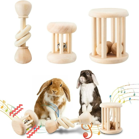 3 pcs Wooden Bunny Toys - Safe Rabbit & Guinea Pigs Teeth Grinding Toys for Chinchillas, Hamsters & Small Animals - Indoor & Outdoor