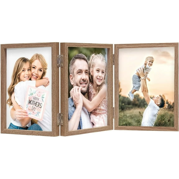 3 picture frames 4x6 three in one hinge MDF wood grain, with three glass front opening picture frames attached, perpendicular to the desktop