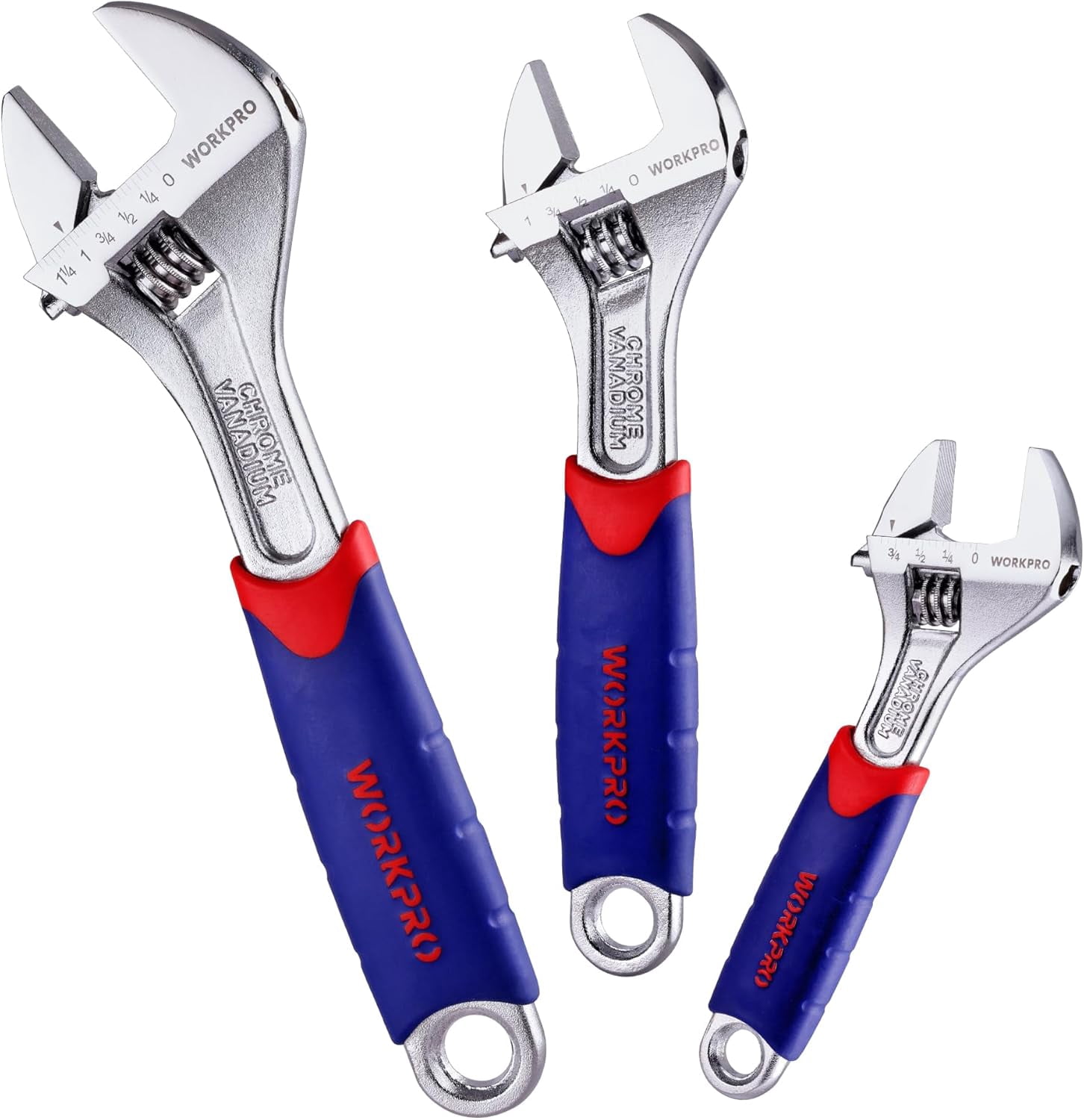 3-piece Adjustable Wrench Set CR-V with Rubberized Anti-Slip Grips 10-inch, 8-inch, 6-inch