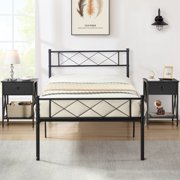 3-piece Bedroom Set, Twin Size Metal Platform Bed Frame and 2 Black Nightstands