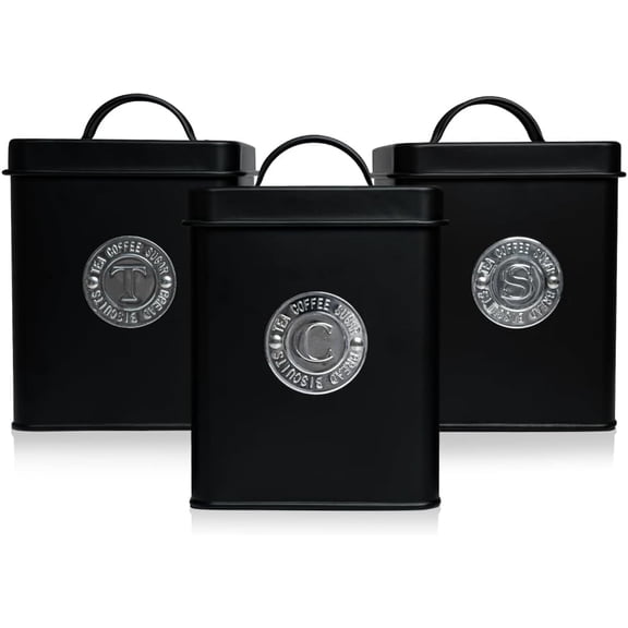 3-piece Black Metal Canister Set with Lids and Copper Labels