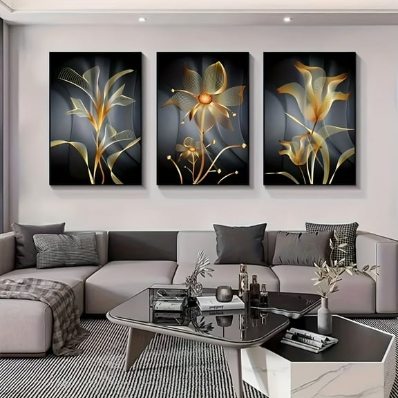 3-piece Canvas Poster Set, Modern Art Golden Flower and Leaf Wall Decoration, Ideal Gift for Bedroom, Living Room, Kitchen, and Hallway, Wall Decoration, Autumn Decoration, Frameless Canvas Painting