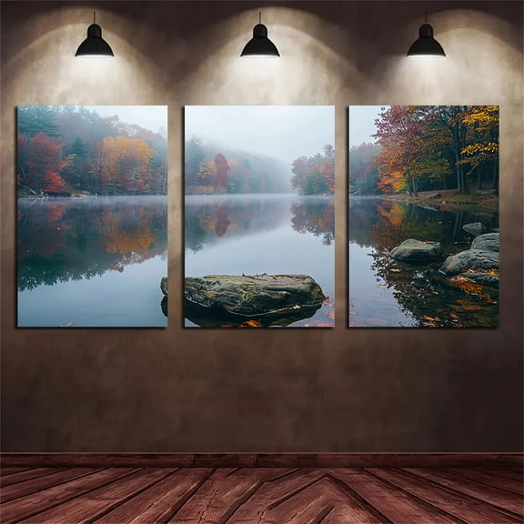 3-piece Canvas Wall Art Decoration Set for Bedroom and Living Room Home Decor Autumn Forest Beautiful Lake Creative High-quality Frameless Canvas Painting