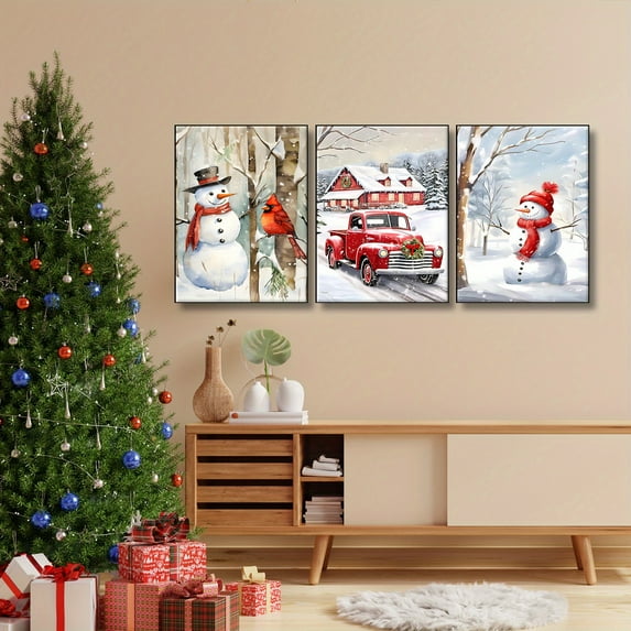 3-piece Christmas Gift Canvas Wall Art, Snowman Red Bird Barn Poster Winter Snow Scene Art, Frameless Decorative Painting, Suitable for Living Room Bedroom Christmas Decoration