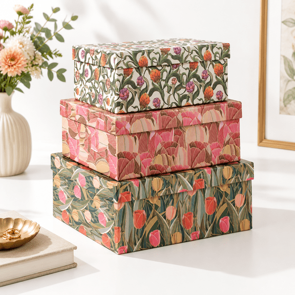 3-piece Decorative Storboxes With Lids Tulip Design Vintflcardboard Paperboard Keepsake Box Set Photo For Memory Home Decor Moder