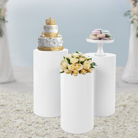 3-piece Flower Cylindrical Display Stands Set Wedding Decoration for Party Banquet, 19.68+ 21.65+23.62inch, Round Cylinderr Ornaments Base Display Rack White