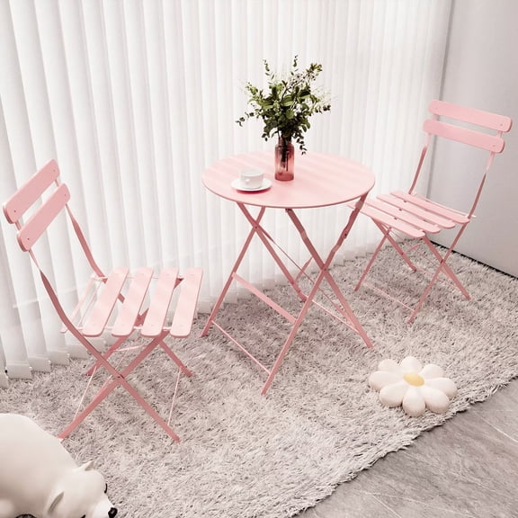 3-piece Folding set Outdoor Bistro Table and Chairs Set, Patio Folding Small Furniture, Metal Balcony pink Foldable French Cafe Tables, Indoor/Outdoor Compact for Spaces and Balconies PinK