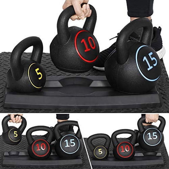 3-piece Kettlebell Set HDPE, 5lb, 10lb, 15lb Kettlebells with Storage Rack Tray for Home Gym Exercising, Cross Training, MMA Training, Fitness