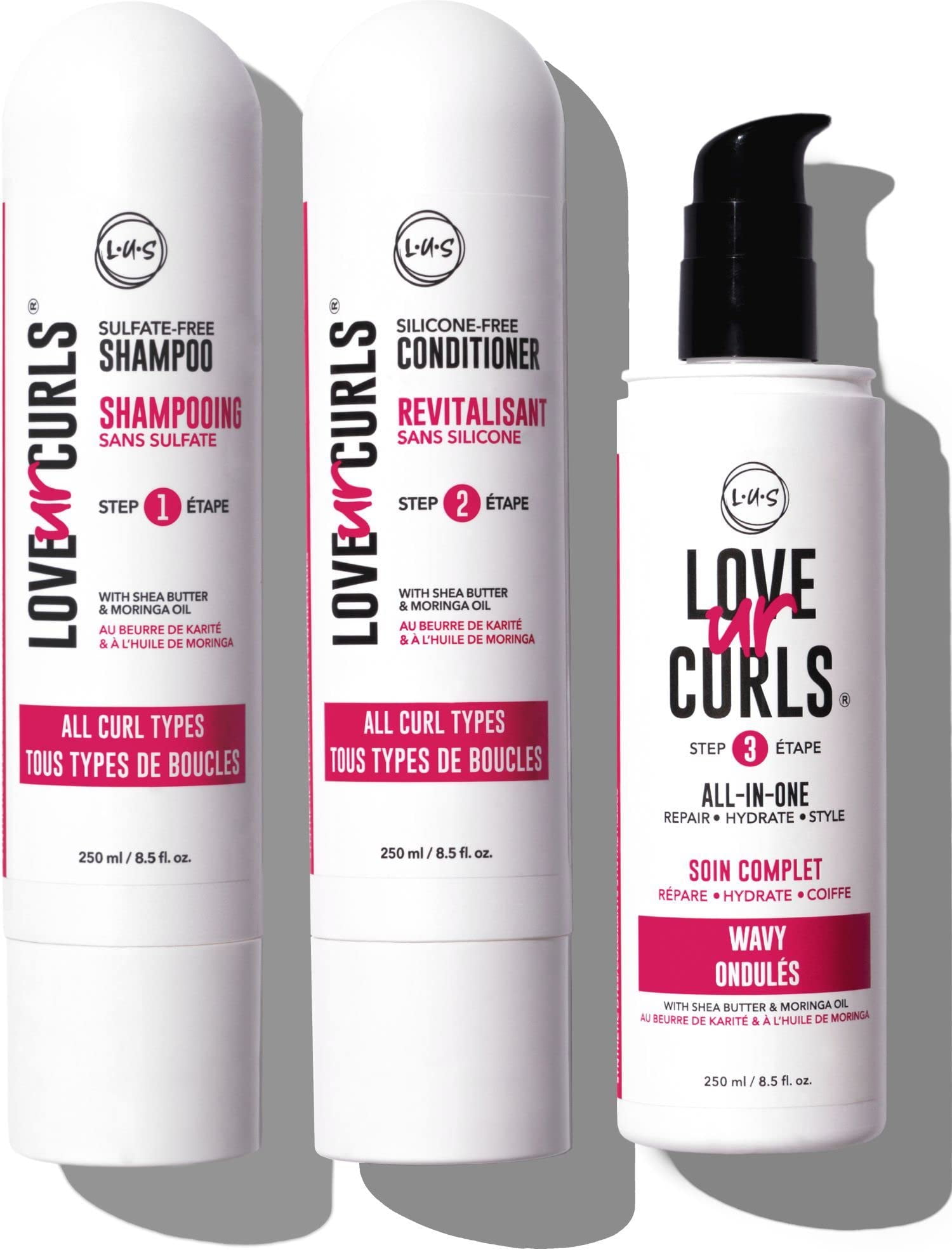 3 piece LUS Brands Love Ur Curls for Wavy Hair Shampoo, Conditioner & All-in-One Styler 8.5oz each for Volume - Nonsticky, Nongreasy, Light Formula