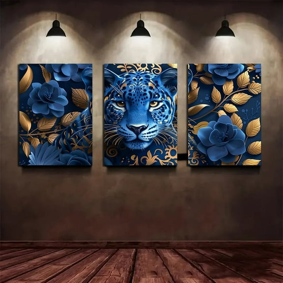 3-piece Leopard Print and Blue Floral Gold Decor Woodcut Print Wall Art Set, Suitable for Bedroom and Living Room Decoration Relief Painting Canvas Artwork. Frameless