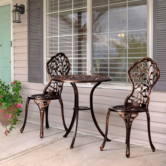3-piece Patio Bar Table Set, All-Weather Cast Aluminum Outdoor Bistro Set, Patio Chairs & Table for 2 High Backrest Design, Floral Pattern
