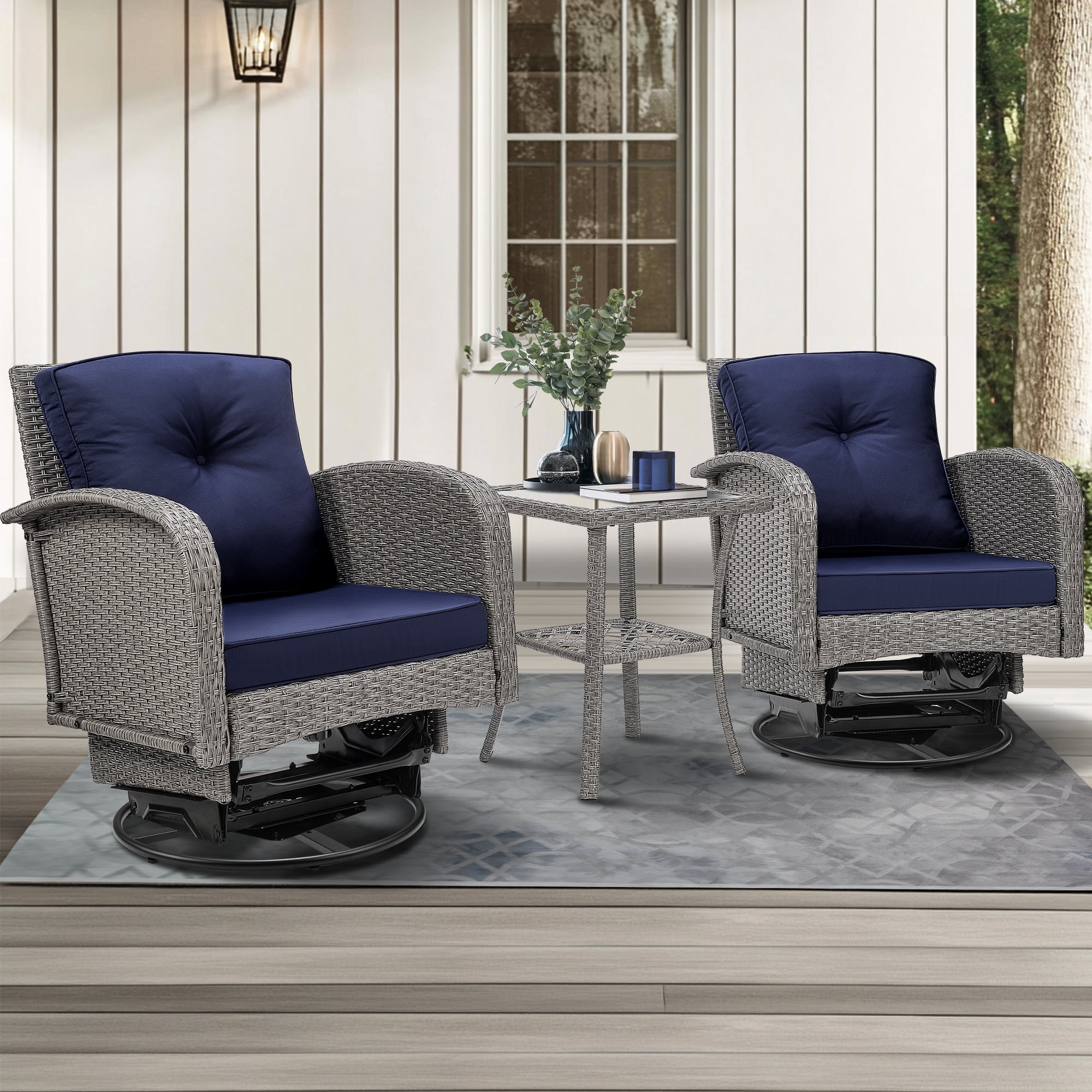 3-piece Patio Furniture Set on sale, Outdoor Patio Wicker Swivel Rocking Chair Set, Cushioned Porch Furniture for Balcony Backyard Deck, Dark Blue