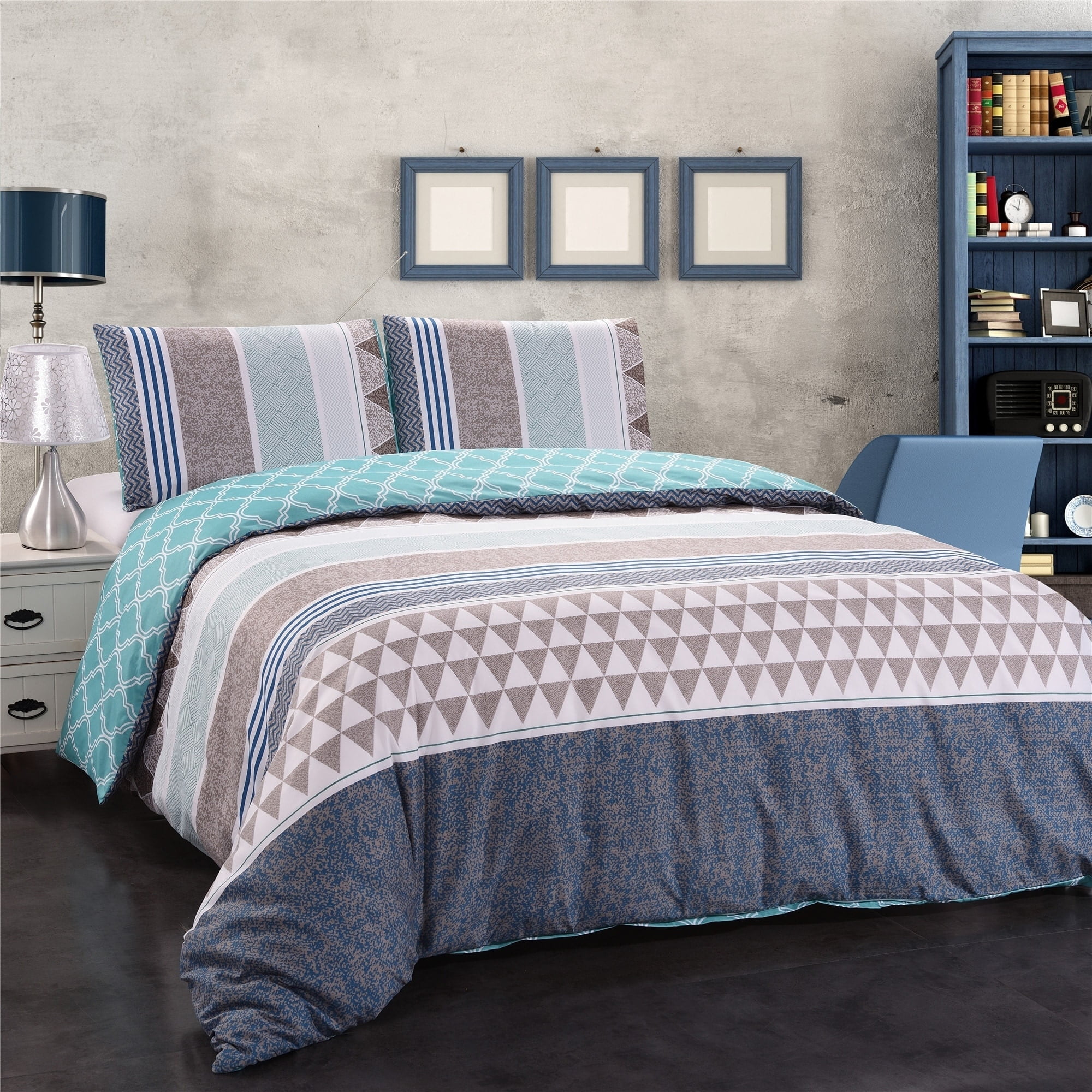 King Blue Grey Geometric Reversible Microfiber Duvet Cover Set