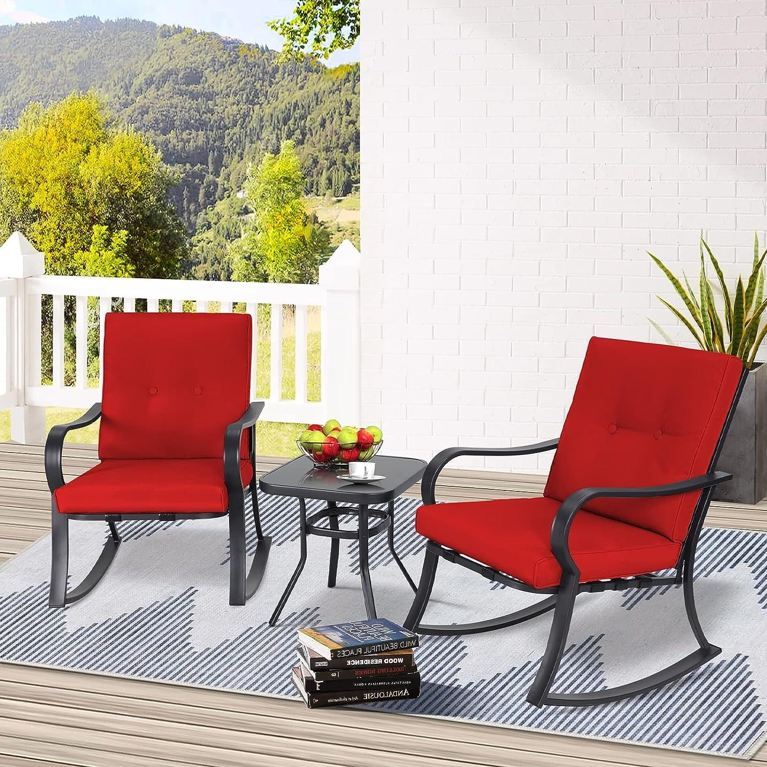 Red Steel 3-Piece Rocking Chair Patio Bistro Set with Glass Side Table