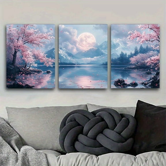 3-piece Sakura Landscape Canvas Wall Art Set, Moonlight Lake Mountain Scenery, Frameless Design, Suitable for Living Room, Bedroom, Office Decoration, Perfect Holiday Gift