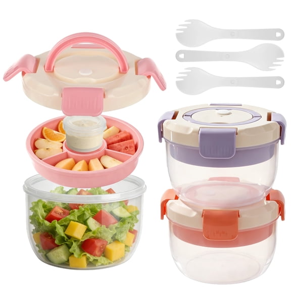 3 Pcs Salad Lunch Container Set, 44 Oz Plastic Bento Meal Box with 3 Compartments, Leakproof Dressing Container & Fork Included, Ideal for Meal Prep, Fruits & Snacks