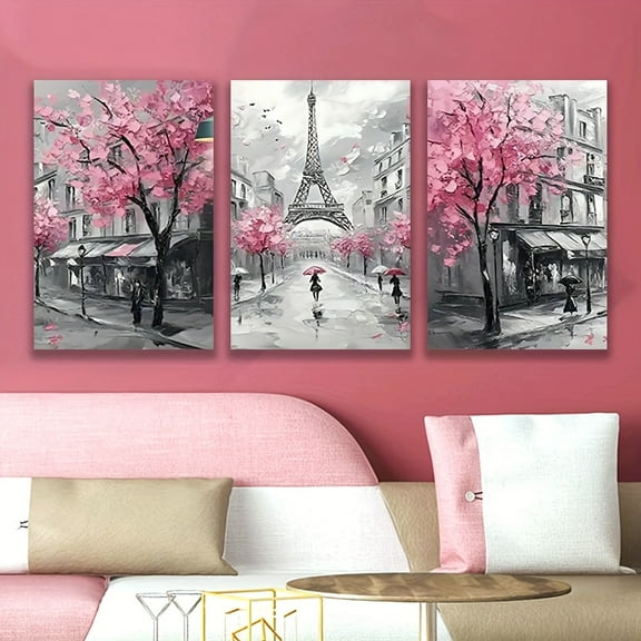 3-piece Set, Decorative Painting - Frameless, Artist Painting Set, Romantic Paris Eiffel Tower with Cherry Blossom Wall Art Print, Home Decoration, Frameless Canvas Painting