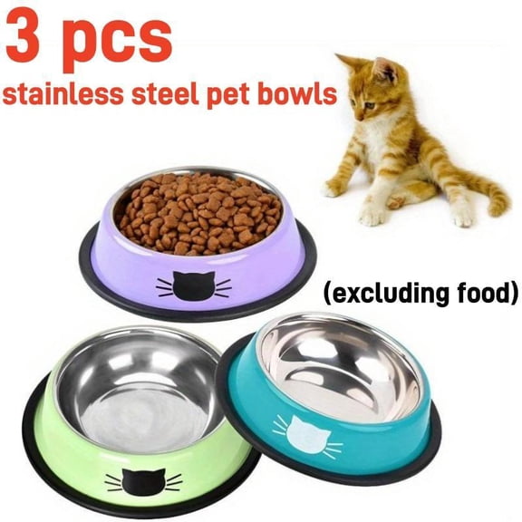3-piece Set Of Stainless Steel Cat Feeder Food Bowl, Top Diameter 4.53 Inches, Bottom Diameter 6.10 Inches, Height 1.38 Inches, Non Slip Pet Water Bowl, Puppy Feeding Bowl, Metal Cat Bowl,