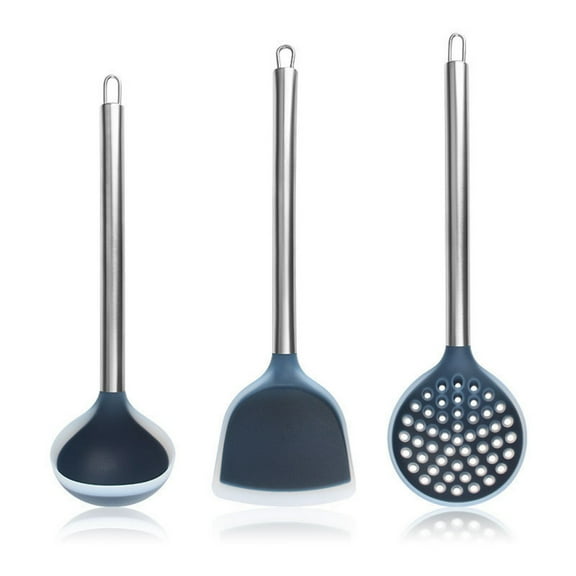 3-piece Silicone Stainless Steel Kitchen Utensil Set, Cooking Tools, Kitchen Gadgets and Essentials, including Wok Spatula, Ladle and Slotted Spoon