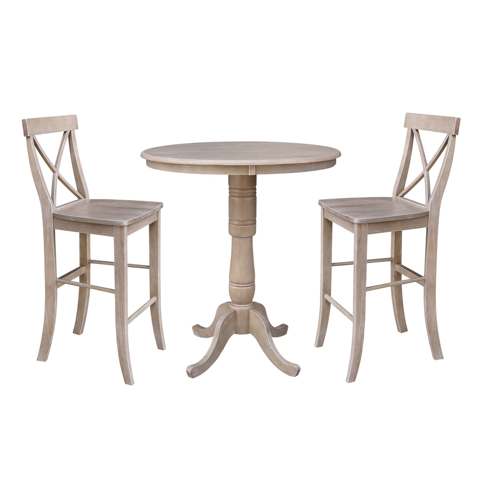 Weathered Gray Solid Wood Bar Height Dining Set with Round Pedestal Table and Cross Back Stools