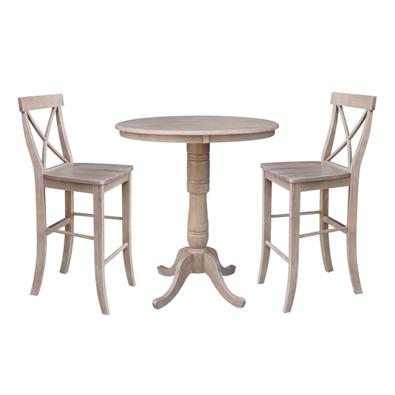 3-piece Solid Wood Bar Height Dining Set with 36'' Round Pedestal Table and 2 Cross Back Stools in Weathered Grey by International Concepts