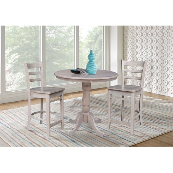 3-piece Solid Wood Counter Height Dining Set with 36'' Round Pedestal Table and 2 Emily Ladder Back Stools in Washed Gray Taupe by International Concepts