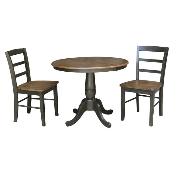 3-piece Solid Wood Dining Set with 36'' Round Extension Pedestal Table and 2 Emily Ladder Back Chairs in Hickory/Washed coal by International Concepts