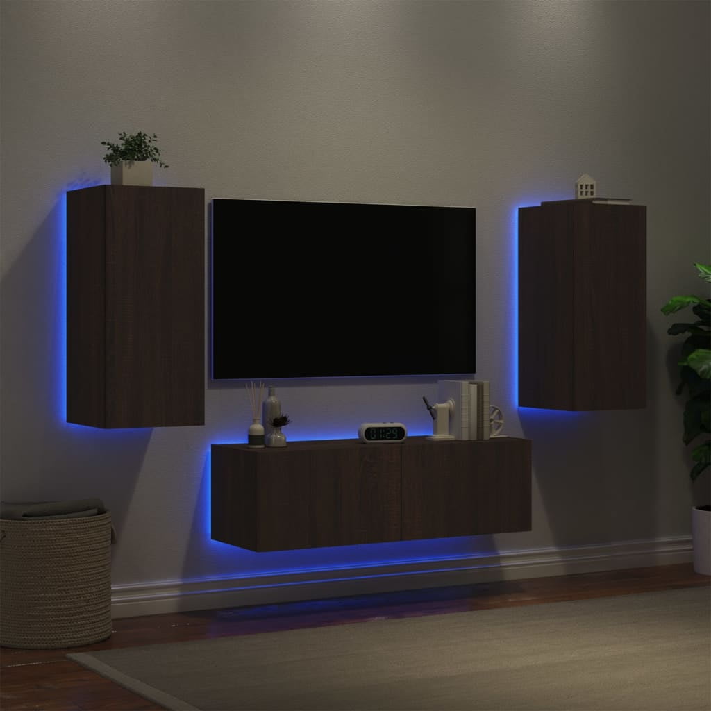 3piece TV wall unit with LED lights brown oak look