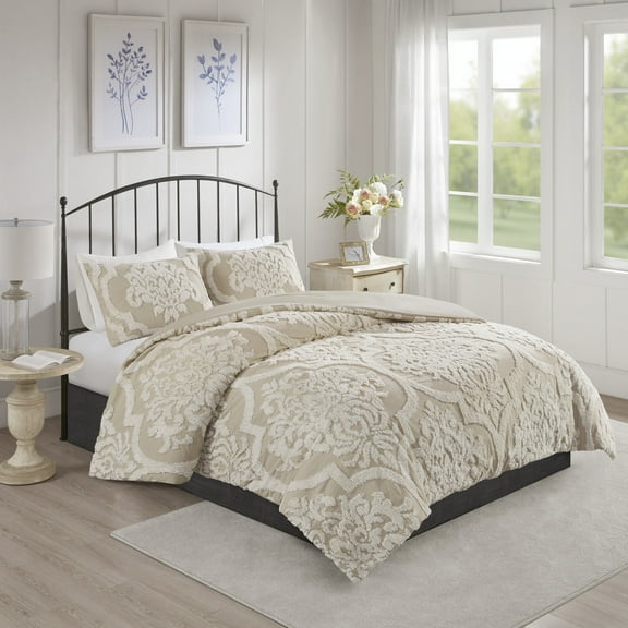 3 piece Tufted Cotton Chenille Damask Comforter Set Taupe Full/Queen