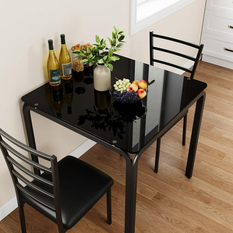 3-piece Wood Square Kitchen Dining Table Set for Apartment Glass