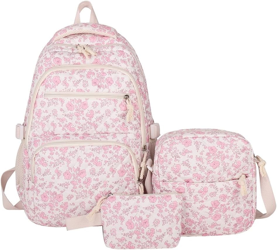 This 3-piece backpack set comes with a cute floral quilted backpack, a medium-sized messenger bag and a small travel storage bag for ladies, presenting a simple and comfortable look
