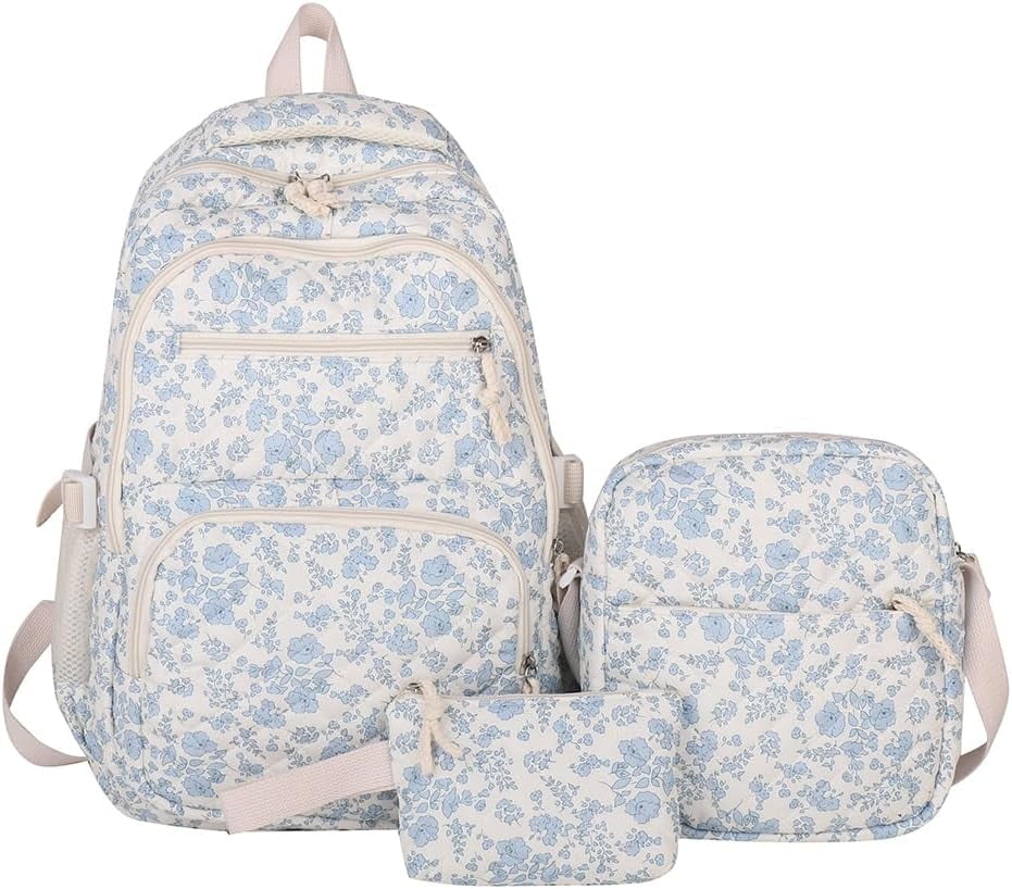 This 3-piece backpack set comes with a cute floral quilted backpack, a medium-sized messenger bag and a small travel storage bag for ladies, presenting a simple and comfortable look