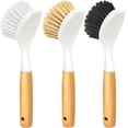 thumbnail image 1 of 3-piece bamboo handle dishwashing brush set, kitchen brush for cleaning pots, sinks, and stoves, hard bristled frying pan washer for cast iron baking pans, yellow, white, black, 1 of 4