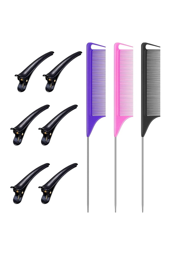 3 piece comb and 6 piece hair clip set, stainless steel dividing comb long tail comb and 6 pieces metal alligator clip, hair clip, duckbill clip (black, pink)