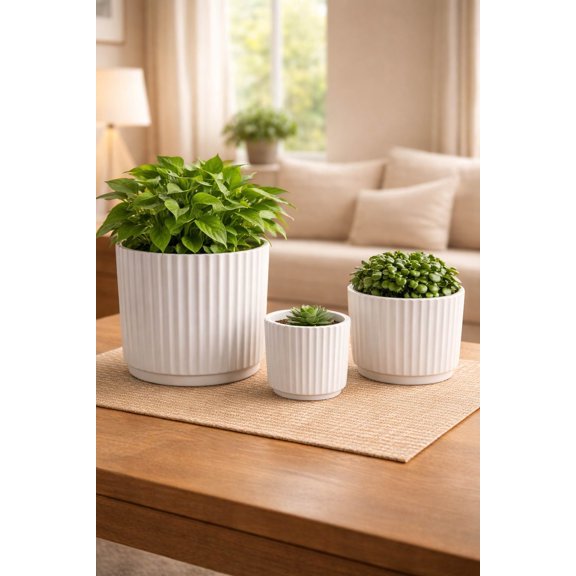 3-piece cylinder White Ribbed durable melamine plastic planter pot