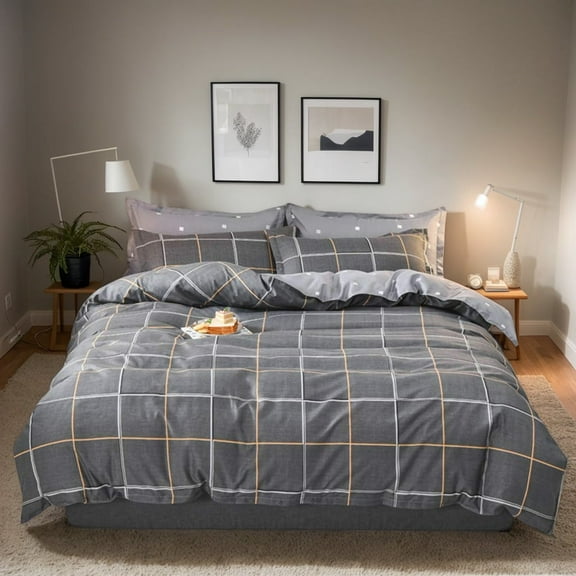 3 - Piece Down Duvet Cover Set,Grey Checkered Polka Dot, Double - Sided, All - Season, Anti - Allergy, Wrinkle - Resistant