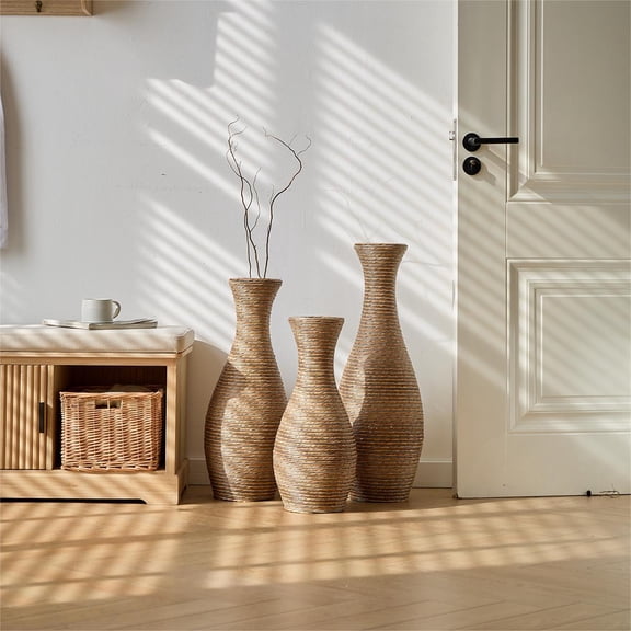 3-piece elegant beige artificial rattan floor vase - a signature item for living room decoration, entrance or hallway - a versatile home decoration suitable for dry or silk flower arrangements