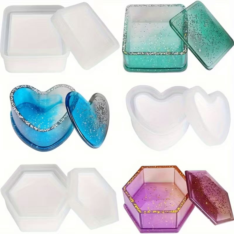 3 piece epoxy resin mold set, silicone jewelry box mold, heart shape & square, bendable storage container DIY hand making tools