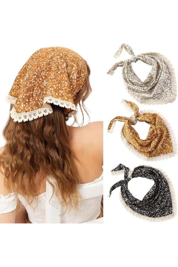 3-piece floral headscarf set, chiffon headscarf handkerchief, vintage bohemian style hair scarf, suitable for women and girls